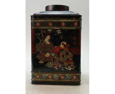 Tin tea caddy decorated all around with Japanese Geisha girls, height 35cm