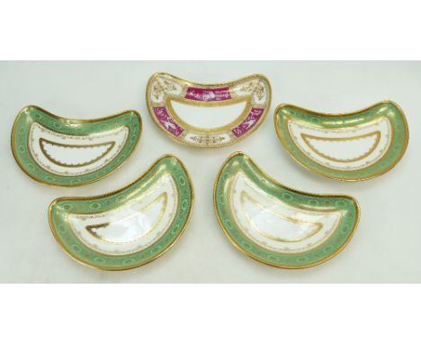 Four matching Minton crescent shaped dishes made for Thos. Goode & Co., plus one similar made for Harrods of London (tiny chi