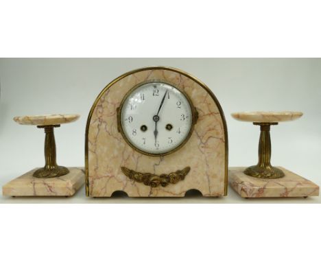 Art Deco marble mantle clock together with pair matching candle stands, clock height 22cm (3)