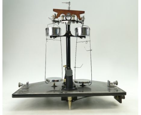Baird & Tatlock Scientific scales in oak and glass case.  Plus small box of weights and assembly instructions.