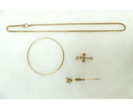 Gold coloured metal chain 44cm (6.4g), gold coloured metal Squirrel and pearl stock pin (base metal catch stuck firm), 9ct go