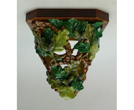 19th century Brownfield Majolica wall shelf decorated with acorns &amp; leaves, impressed number 2046, h28 x 24cm