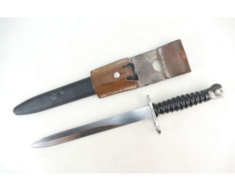 M57 Swiss bayonet the blade marked FW in later scabbard and original leather frog, length 38cm, condition report, good.