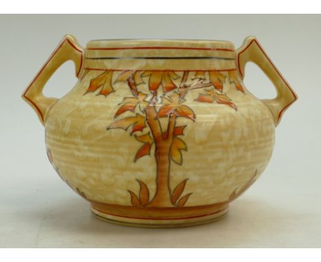 Charlotte Rhead Crown Ducal two handled vase decorated in the Spanish Tree design, height 15.5cm