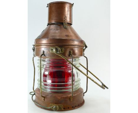 20th century copper & brass ships masthead lamp, with oil burner. 53cm high.