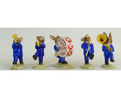 Royal Doulton Bunnykins Blue Band set comprising Drummer DB89, Drum Major DB90, Cymbal DB88, Trumpeter DB87 and Sousaphone DB