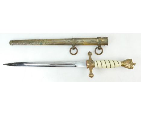 WWII German Kriegsmarine dagger with brass scabbard, Officers Dress Dagger, overall length 42cm. Condition report, slight den