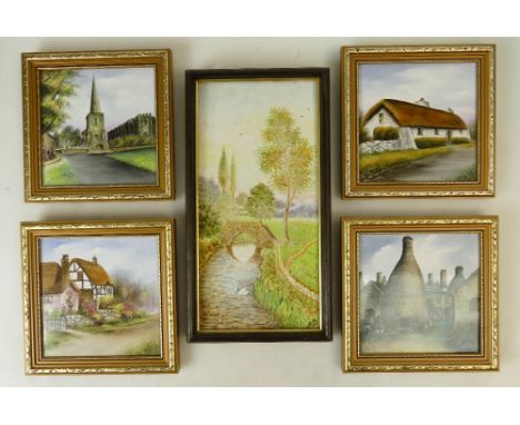 A collection of H. Betteley framed hand finished ceramic tiles with local interest depictions (5)