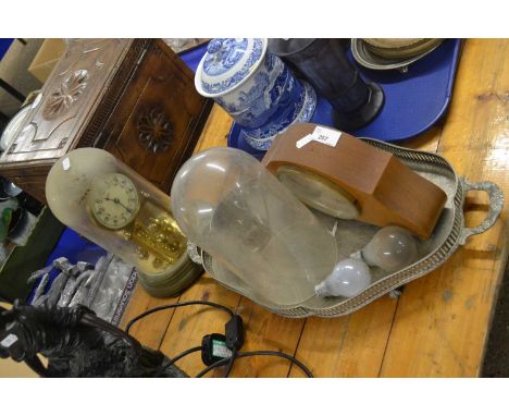 Mixed Lot: Anniversary clock with domed cover, silver plated serving tray, hardwood cased mantel clock and other items
