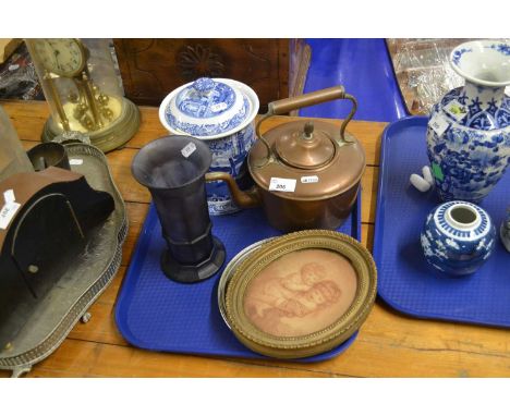 Mixed Lot: Copper kettle, spode Italian pattern jar, small framed portrait print and other items