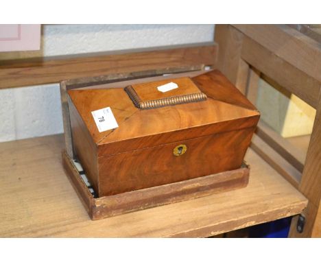Small 19th Century mahogany veneered sarcophagus formed tea caddy together with bone mounted dominoes