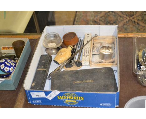Box of various items to include button hooks, snuff bottle, vintage pens etc