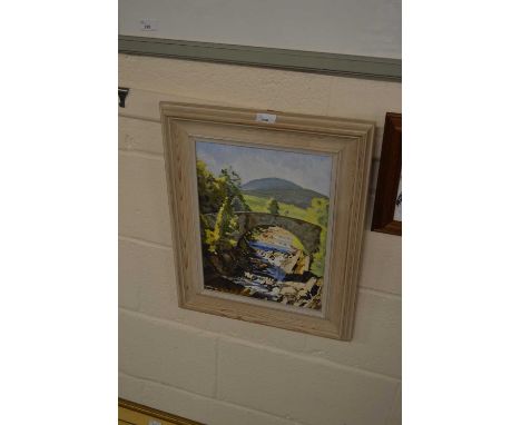 Hill (Contemporary) study of a river bridge with distant mountains, oil on canvas, dated 1999, set in a light wood frame