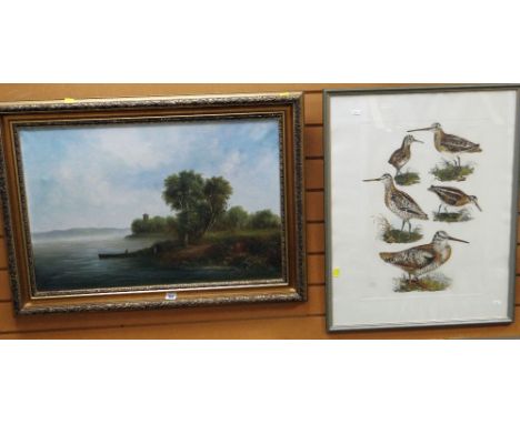 R WYTCHARD oil on canvas - river scene with figures in a rowing boat, 49 x 75cms, together with a framed coloured print of sn