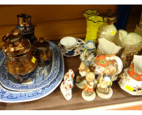 MIXED CHINA including blue and white willow pattern platters, luster jugs, Masons Ironstone 'Oriental Garden' jugs, Goebel fi