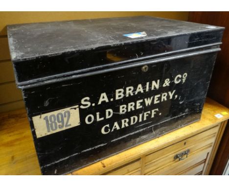VINTAGE BLACK PAINTED METAL DOCUMENT CHEST with carry handles, inscribed 'S.A Brain &amp; Co. Old Brewery, Cardiff' Provenanc