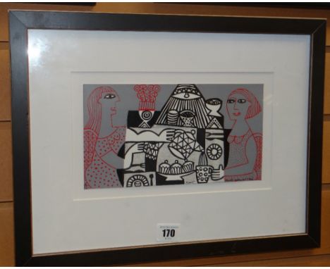 HILKE McINTYRE limited edition (2/16) lithograph - two figures taking afternoon tea, entitled on Attic Gallery label verso 'M