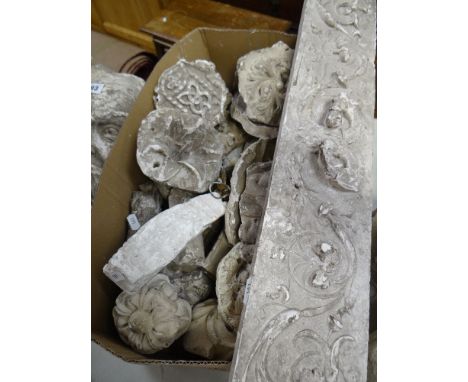 BOX CONTAINING VARIOUS VICTORIAN PLASTER MAQUETTES with architectural designs including acanthus leaf, Celtic bands ETC Prove