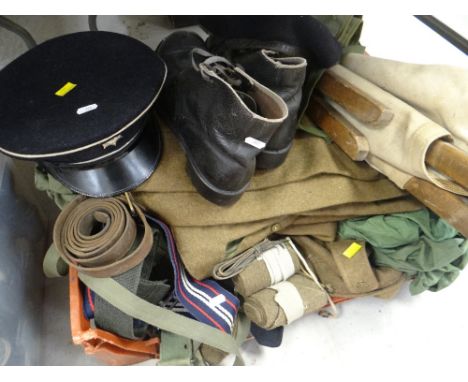 VINTAGE ARMY CLOTHING &amp; EQUIPMENT including uniform, tunics, trousers, NATO jumpers, cap, boots, together with a collapsi