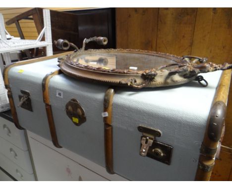 Antique Embossed Metal Oak Banded Dome Top Steamer Trunk Chest with Insert