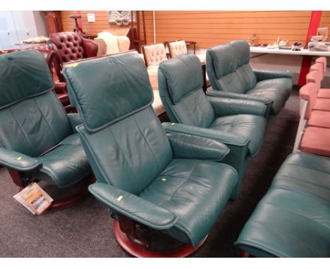 EKORNES STRESSLESS TWO SEATER RECLINING ARM CHAIR SOFA, reclining arm chair and two swivel arm chairs with matching stools in