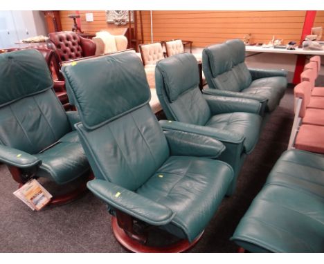 EKORNES STRESSLESS TWO SEATER RECLINING ARM CHAIR SOFA, reclining arm chair and two swivel arm chairs with matching stools in