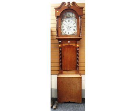 A VICTORIAN MAHOGANY WELSH LONGCASE CLOCK having a painted dial with rolling ship movement, by John Evans, Aberayron, and hav