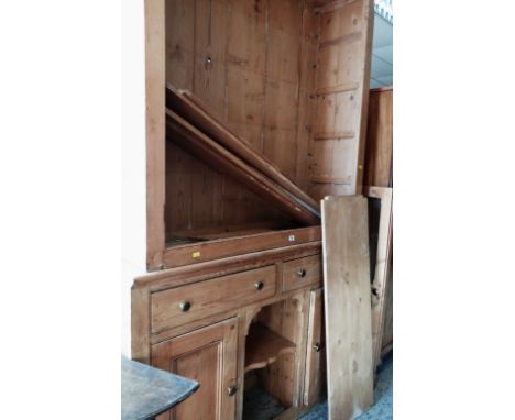 LARGE PINE DRESSER / CUPBOARD with two door glazed shelf top and a two drawer two cupboard base and brass , 240cms tall x 140