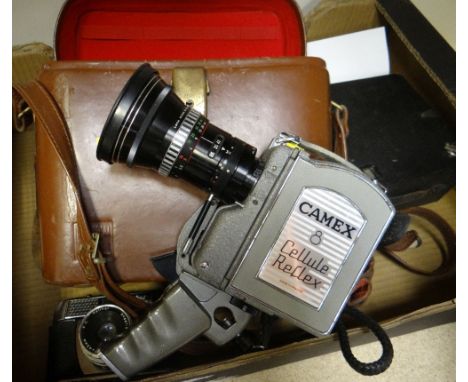 VINTAGE CASED CAMEX CINE CAMERA, a vintage Brownie camera, and a Halina 35mm camera, and another boxed camera
