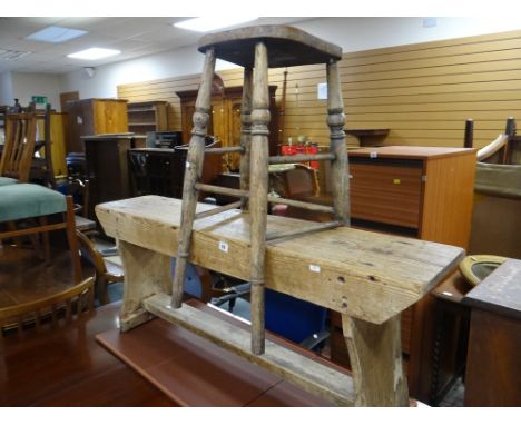 PINE BENCH, 121cms long, together with a wooden bar stool Provenance: S A Brain &amp; Co Ltd (relocation of brewery)