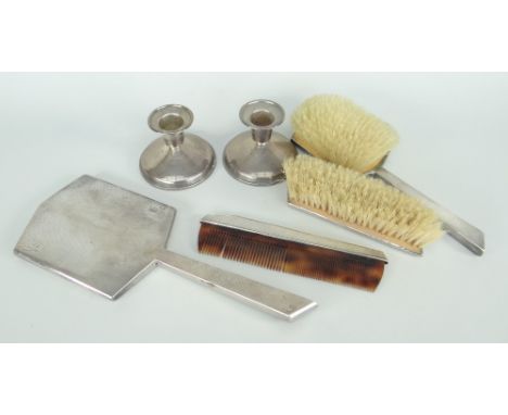 MATCHED SILVER &amp; SILVER PLATE ART DECO DESIGN LADIES VANITY SET comprising mirror, brushes, comb, together with pair of s