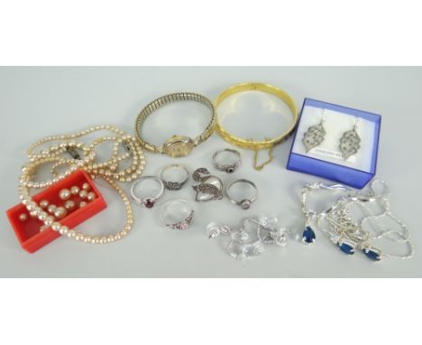 ASSORTED COSTUME &amp; DRESS JEWELLERY to include earrings, dress rings, gold plated bangle, ladies wristwatch, pearls ETC