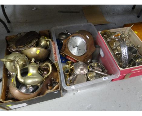 VARIOUS METALWARE including EPNS, copper, brass, a vintage oak Enfield dome topped mantel clock and part case of cutlery
