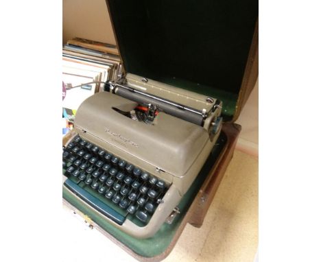 VINTAGE CASED REMINGTON MIRACLE TAB TYPEWRITER, together with a vintage portable Decker wind-up gramophone