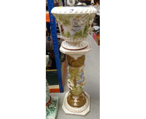 CONTINENTAL CERAMIC PLANTER &amp; STAND decorated with mythological scenes and gilt acanthus leaf