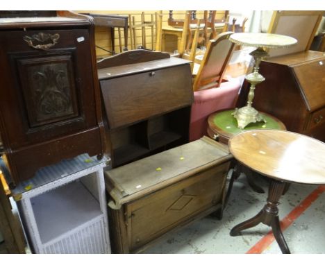 FURNITURE to include a good circular wine table, two other circular tables, a narrow bureau bookcase and a vintage put-me-up 