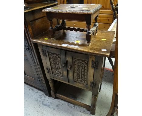 OAK CARVED TWO DRAWER POT-CUPBOARD, together with small carved oak stool