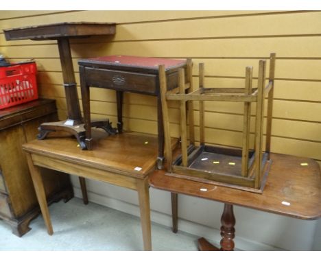 FURNITURE to include a mahogany fold over card table, side tables, and a piano stool ETC (5)