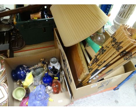 VARIOUS ITEMS including two vintage soda siphons, boxed gas mask, vintage camera, framed prints and a Japanese parasol ETC