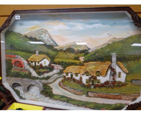 VINTAGE MAHOGANY FRAMED DIORAMA of mountains, cottages and mill wheel and stream, 58 x 89cms