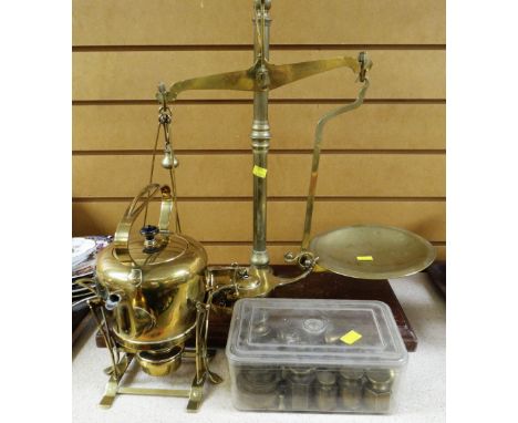 VINTAGE W&amp;T AVERY LIMITED BIRMINGHAM BRASS COUNTER SCALES WITH WEIGHTS, together with a brass spirit kettle and container