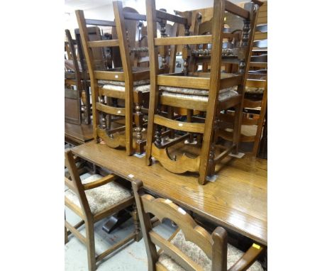 VINTAGE OAK REFECTORY STYLE TABLE, together with six (2+4) drop in cushion seated dining chairs, 152 x 77cms