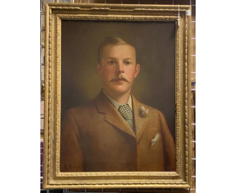 ROBERT RAMSEY RUSSELL (FL 1876-1912) OIL ON CANVAS - PORTRAIT OF DAPPERLY DRESSED MAN - SIGNED 50CM  X 60CM