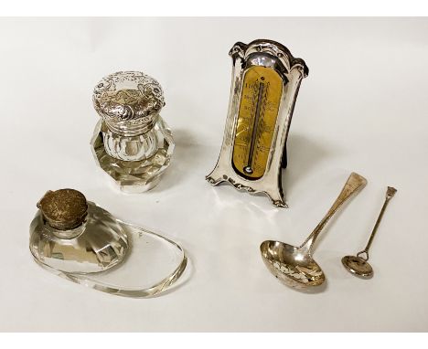 COLLECTION OF SILVER TO INCLUDE, BAROMETER, INKWELLS ETC