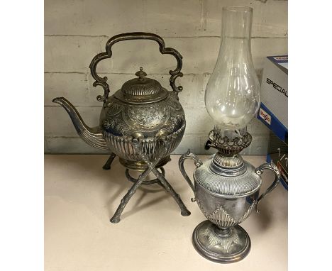 SILVER PLATED SPIRIT KETTLE ON STAND WITH SILVER PLATED OIL LAMP