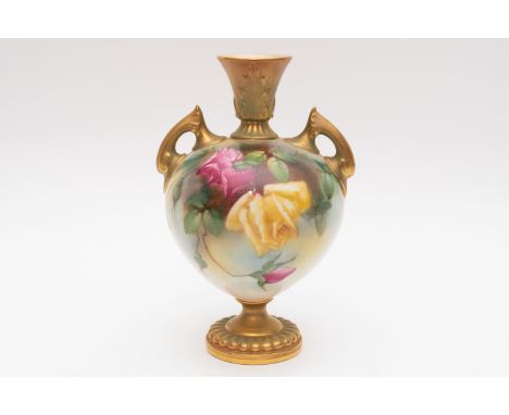 A royal Worcester vase decorated with roses, signed May Blake. Circa 1908. Shape 2249. The height is approximately 16.5cm.