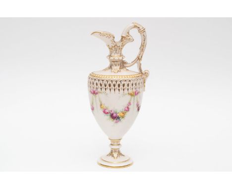 A royal Worcester reticulated ewer shape number 789. Circa 1909 and signed H. Chair. The approximate height is 6.75 inches.