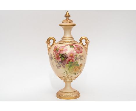 A blush Worcester vase and cover circa 1903. The shape number is 2160 and approximately 26cm in height.