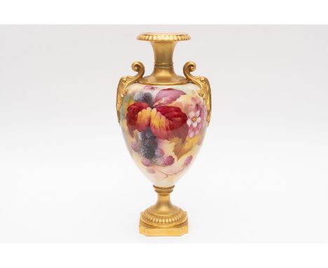 A royal Worcester vase shape 1969. Decorated with autumnal fruits signed K.Blake, approximately 9 inches in height.