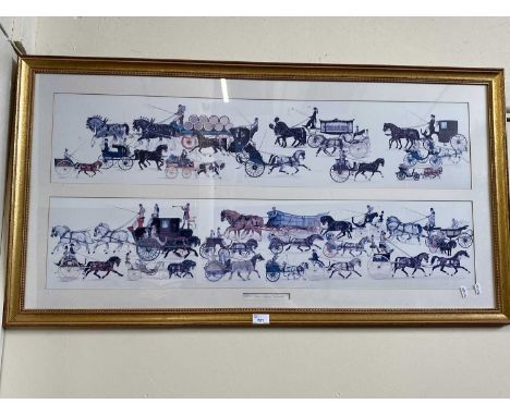 Reproduction print of horse and carriages, framed and glazed